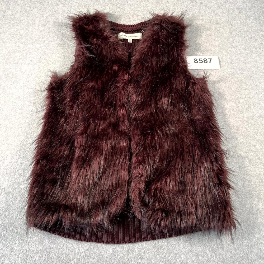 Sebby Collection Faux Fur‎ Vest Womens XL Burgundy Acrylic Open Front Knit Back